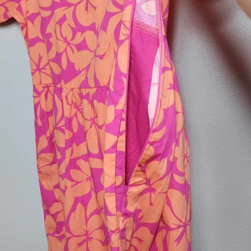 JCrew Pink Orange Tropical Floral Tiered Midi Boho V-Neck Vacation Dress Size 8 - Picture 4 of 8